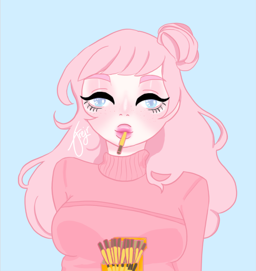 Clementine, an original character owned by Passerineart. She has pink hair, light skin and blue eyes. She's wearing a pink turtleneck sweater, a package of pocky in front of her. She has a stick of pocky in her mouth.