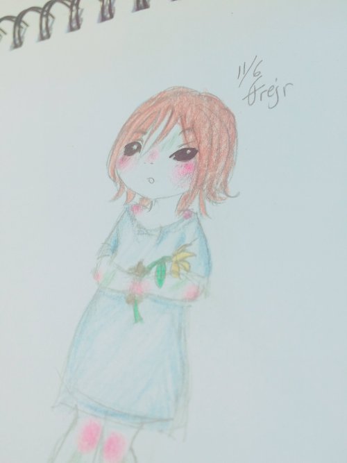Traditional coloured doodle of Ron from Alive: The Final Evolution, wearing his original nightgown. He's holding a flower in his hands.