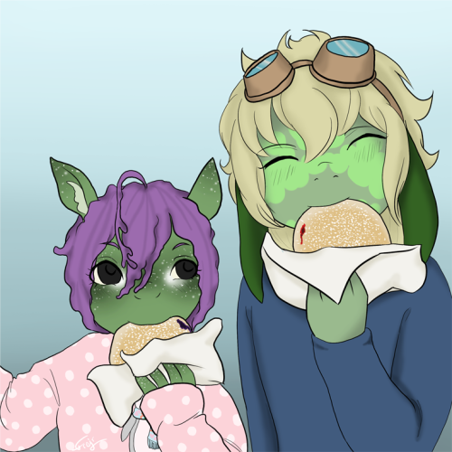 Ron from Alive: The Final Evolution and Reira from Yu-Gi-Oh Arc-V as monsters eating jamfilled buns.