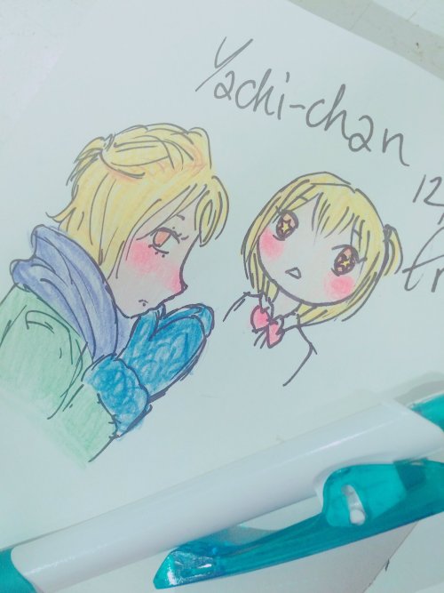 Traditional coloured doodles of Yachi from Haikyuu. On the left she's drawn from the side, rubbing her gloved hands together. She's also wearing a green jacket and a blue scarf. On the right is a chibi doodle of her in her uniform, starry-eyed.