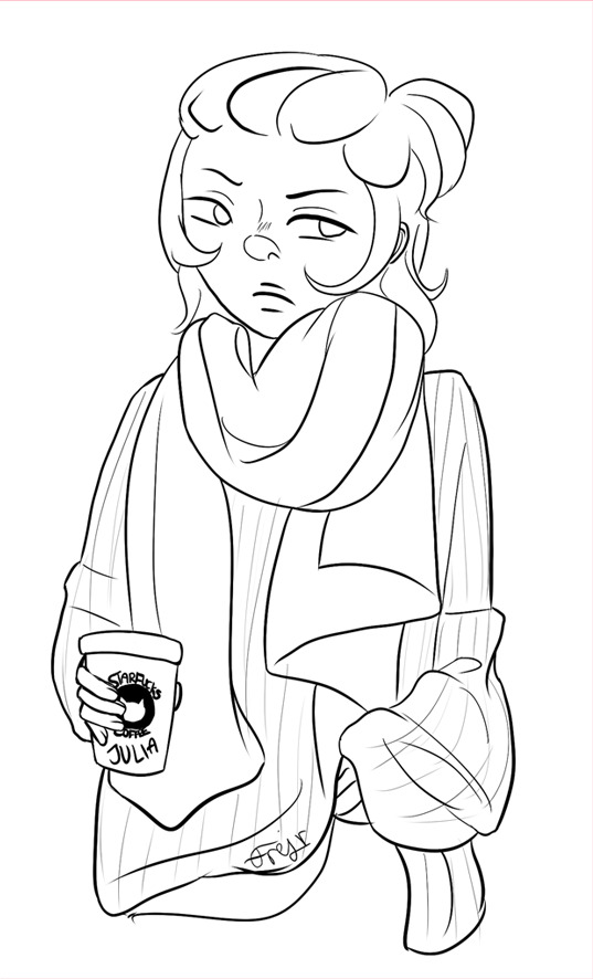 Doodle of Yuri from Yuuri on Ice, dressed in an oversized sweater and scarf, holding a cup that reads 'starfucks coffee' and the name 'Julia' on it. He's looking grumpy.