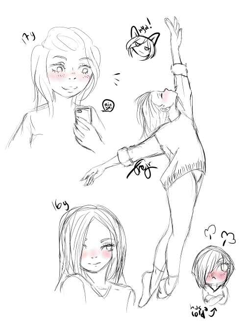 Doodle collection of Yuri from Yuuri on Ice. Top left has the age 17 next to it, his hair is in a partial ponytail, and he's smiling as he's checking his phone. Next to it is a little Yuri-head with cat eats and the text 'nya'. The biggest doodle is of Yuri doing a ballet, one arm behind him, the other to the sky, his head tilted back, eyes closed. To the lower left is Yuri with a little bit longer hair, text saying '16 years'. In the lower right is a doodle of a fuming Yuri with his arms crossed, face red. Text pointing at the doodle reads 'has a cold'.