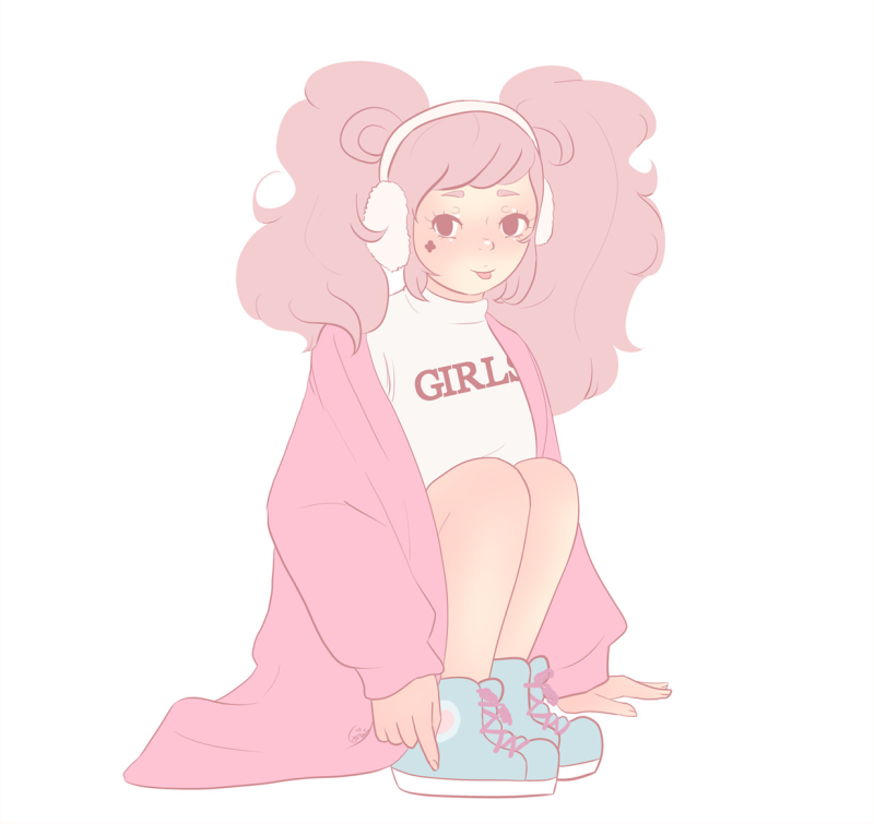 Clover/Yotsuba from Zero Escape, hiar up in fluffy pigtails, crrouching on the ground. She's wearing white earmuffs, a pink cardigan over a white shirt that reads GIRLS and blue sneakers. You can't see what she's wearing on her lower half with hos she's sitting.