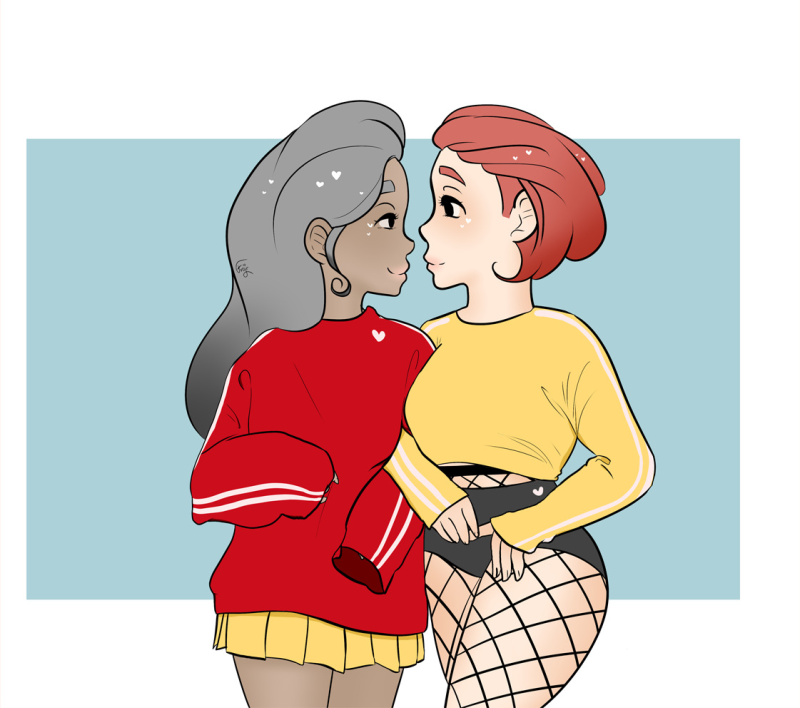 Sara and Mila from Yuri on Ice, hair back but poofed up. Sara is wearing a red sweater and a yellow skirt. Mila is wearing a yellow cropped shirt, black shorts and black fishnets. They're looking at each other, smiling.