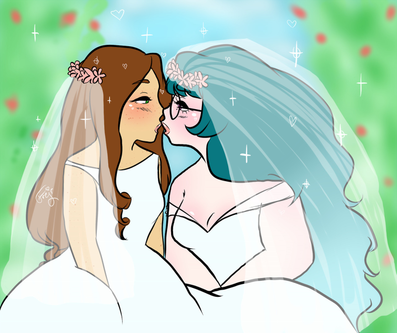 Esther and Maria from the webcomic Lovespells dressed in wedding dresses, close to kissing where they sit next to each other.