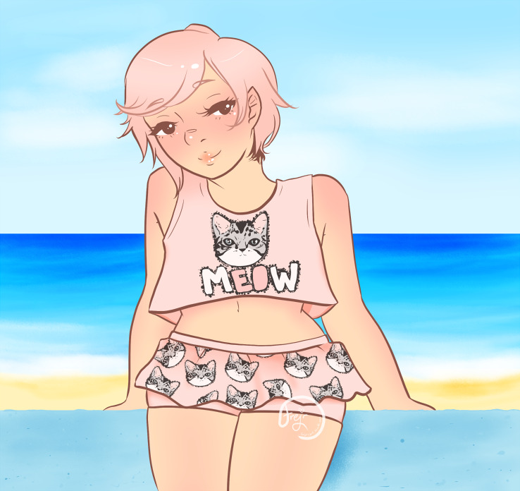Akane from Horimiya leaning against a wall fence in front of the sea, wearing pink shorts with ruffly fabric in front, cats printed on it. His top is cropped and has the same cat on it.