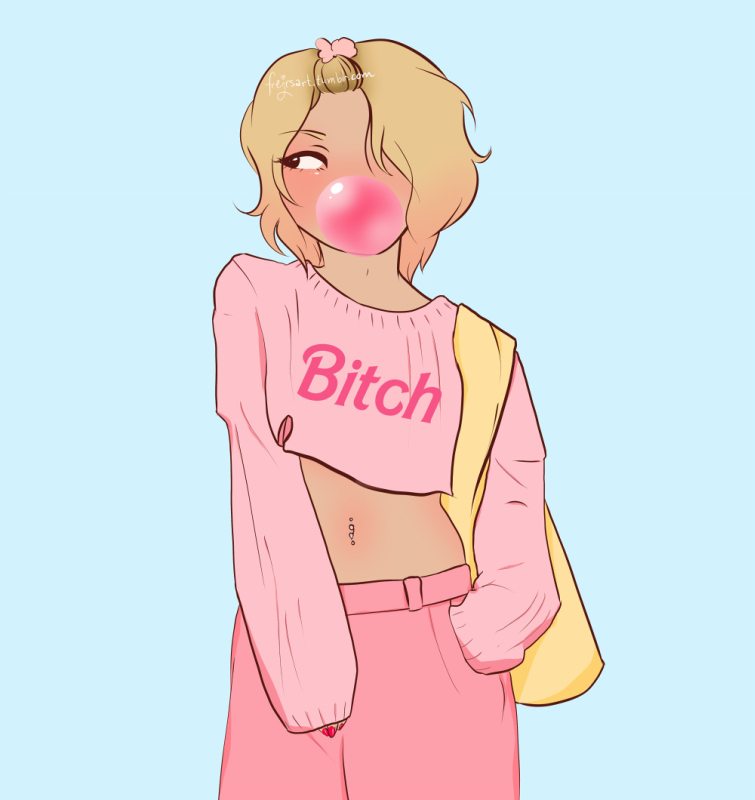 JK from Kamen Rider Fourze wearing a pink cropped sweater with the word bitch on it, as well as pink slacks. He's got a hand in the slacks pocket, blowing a big bubble of gum.