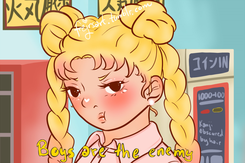 Usagi/Sailor moon from Sailor Moon with her hair still up in buns but the long tails braided, pouting angrily. She's saying 'Boys are the enemy'. It's a redraw of an anime frame.