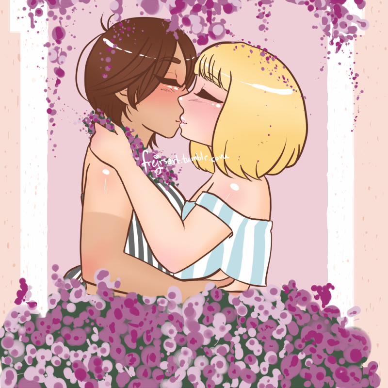 Kase and Yamada kissing seen from the outside of a window surrounded by flowers. Yamada is wearing a light blue and white striped off-the-shoulder top, while Kase's is black and white.