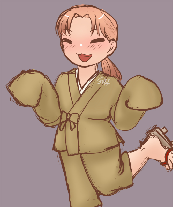 Coloured doodle of Reimei from Elegant Youkai Apartment Life, one leg up, giving a smiling greeting.