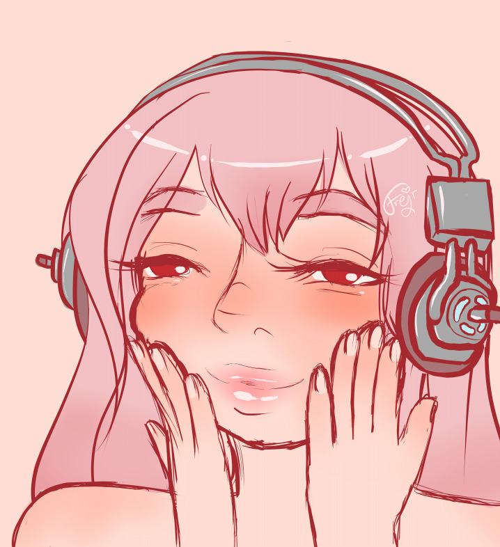 Coloured doodle of Sonico from Super Sonico pushing at her own cheeks fromn below, smiling.