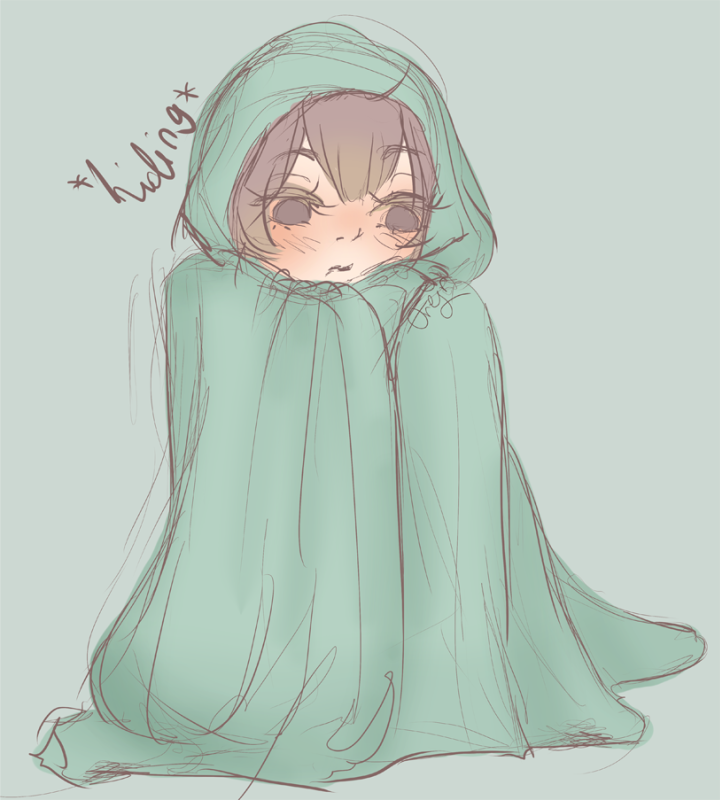 Coloured doodle of Haru from Zettai Kaikyuu Gakuen hiding in a green blanket., looking flustered.