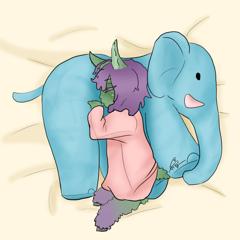 Ron from Alice: The Final Evolution as a baby kelpie, sucking on his thumb as he sleeps on top of a blue elephant.