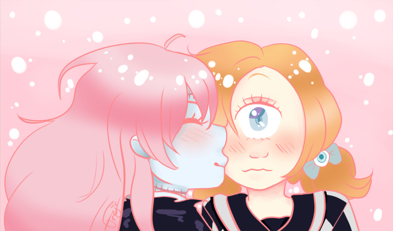 Pandora kissing Hitomi on the cheek. Both characters are from the webcomic Devil's Candy. Hitomi's eye is wide open in surprise, flustered. Pandora is also blushing.