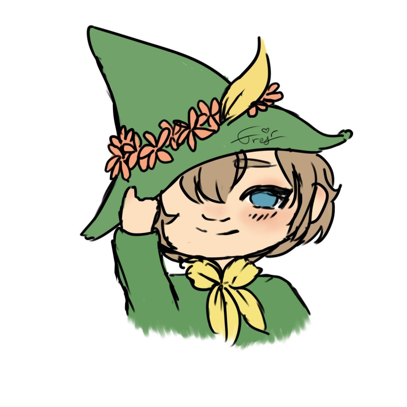Coloured doodle of Snufkin tugging at his hat in greeting.