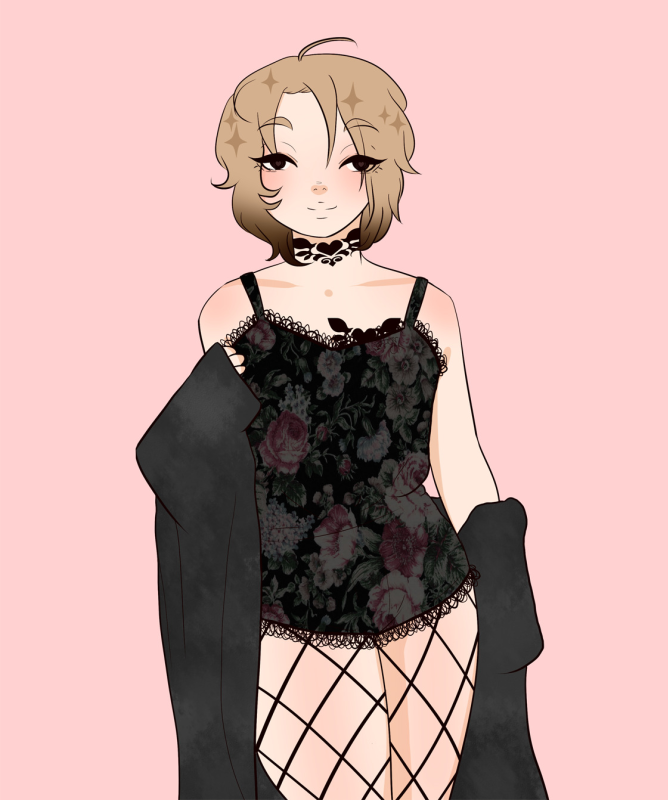 Akito from Countdown 7 days wearing a black romper with a flower pattern, a black cardigan that's falling off him, as well as fishnets.