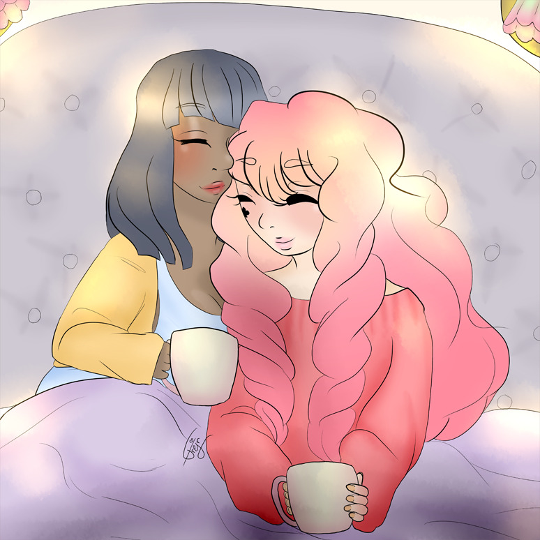 Alice and Clover/Yotsuba from Zero Escape cuddling in a bed, holding mugs in their hands. Alice is wearing a blue nightgown and a yellow cardigan while Clover wears a pink sweater.