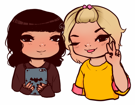 Tomoko and JK from Kamen Rider Fourze in chibi style. Tomoko is holding her tablet, JK is sticking out his tongue and flashing a peace sign. Tomoko is wearing a black shirt with lace detailing, JK a yellow sweatshirt.