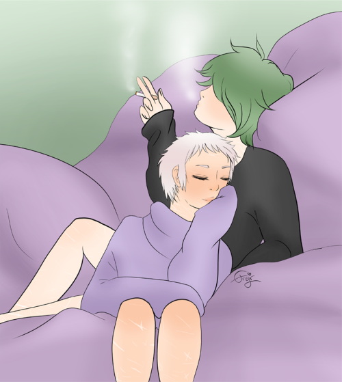 Chouza and Uzume from Itsuwaribito Utsuho, sitting in a huge pile of pillows. Chouza is blowing out smoke, a cigarette between his fingers. Uzume is leaning his back against Chouza's side, sleeping, head propped up in his hand. Chouza is wearing a black shirt, Uzume a pruple one.