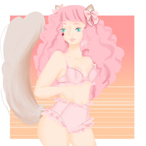 Yotsuba/Clover fromn Zero escape with catears and tail dressed in frilly pink lingerie.