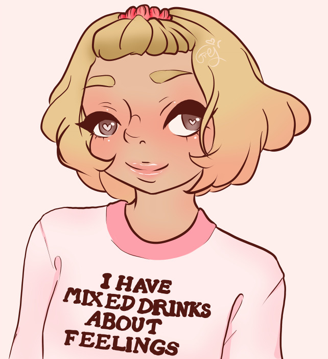 JK from Kamen Rider Fourze looking off to the side, wearing a light pink shirt that says I have mixed drinks about feelings.