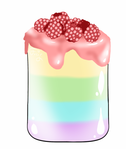 A rainbowcoloured drink with raspberries on top.