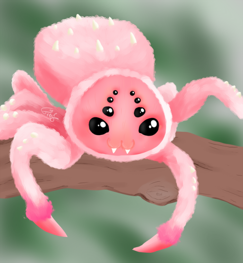A pink spider on a branch, a drawing of an art doll made by furrykami fantasy.