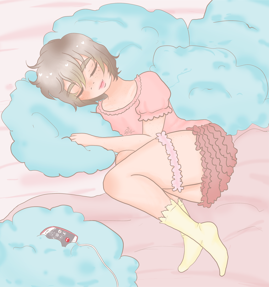 guang Hong from Yuri on Ice sleeping on fluffy blue pillows, dressed in frilly pink shorts, shirt and yellow socks. His phone is on next to him, an ongoing call going.