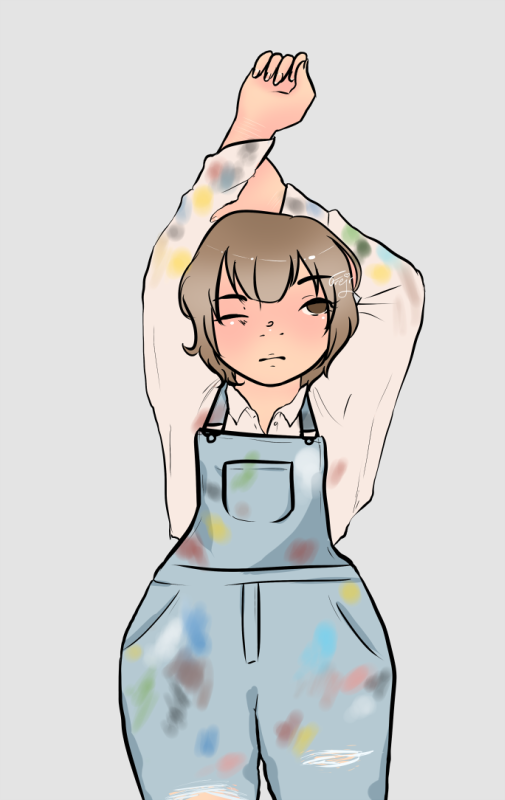Haru from Zettai Kaikyuu Gakuen, stretching his arms over his head, wearing paintstained dungarees and a shirt.