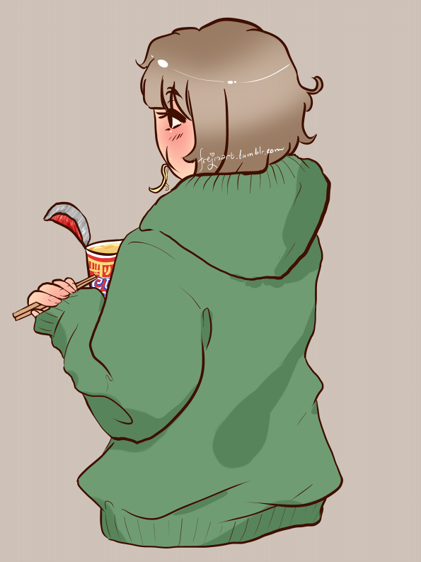 Haru from Zettai Kaikyuu Gakuen eating cup noodles, back mostly turned to the screen. He's wearing a big green hoodie.