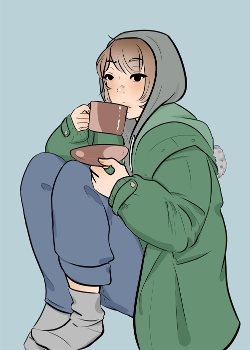 Haru from Zettai Kaikyuu Gakuen sitting with his legs pulled to his chest, holding a saucer in one hand, holding a cup in the other that he's drinking out of. He's wearing a grey hoodie, blue jeans, grey socks and a bulky green jacket.