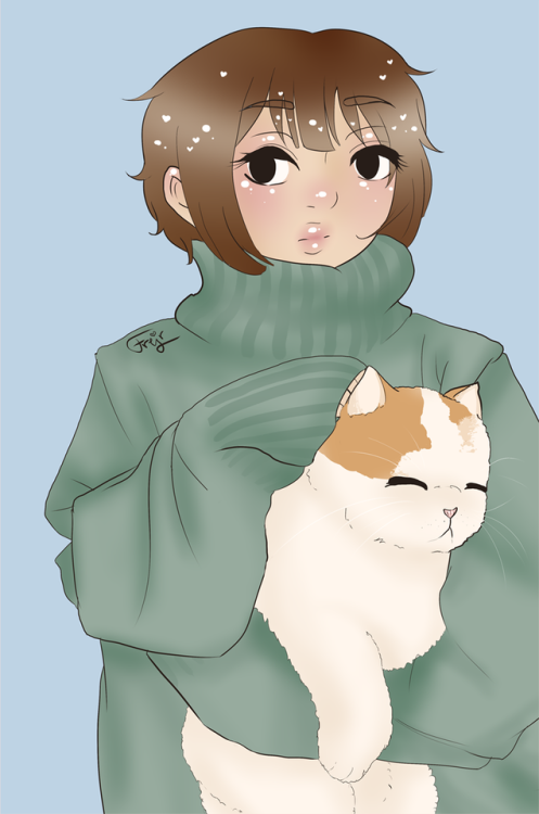 Haru from Zettai Kaikyuu Gakuen wearing a big green sweater, holding a sleepy cat in his arms.
