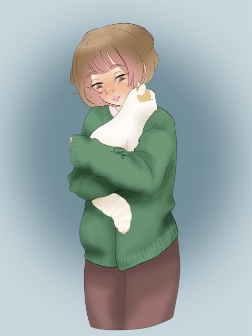 Haru from Zettai Kaikyuu Gakuen cradling a cat in his arms. The cat is resting its head on his shoulder. He's wearing brown trousers and a gree cardigan.