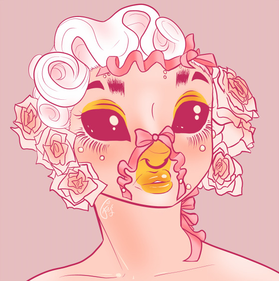 Art of makeup artist isshehungry on instagram with his hair done up in curls, roses lining the lower half of his face. She's wearing black sclera lenses, a bow with long ribbons glued to his face, yellow makeup on the eyes and on the nose, lips and between the two.