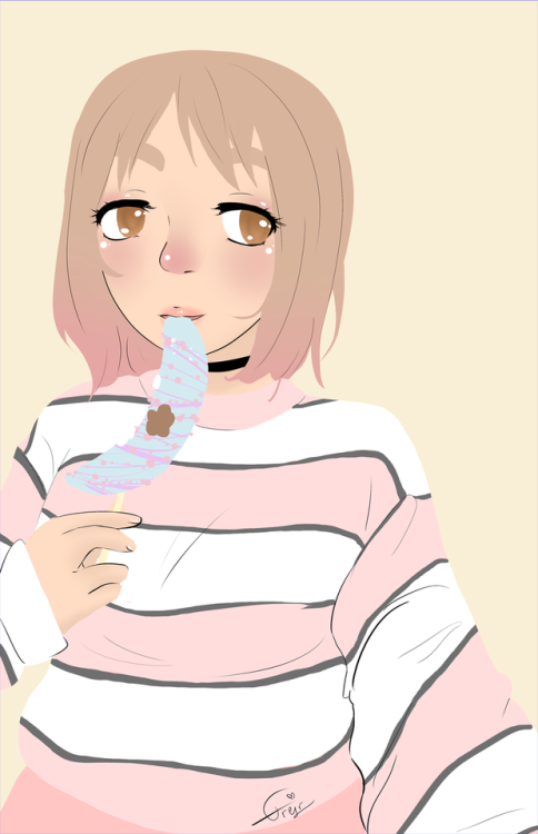 Kanako from The Idolmaster Cinderella Girls eating a banana covered in blue chocolate. She's wearin a shirt that is striped pink, white and black.