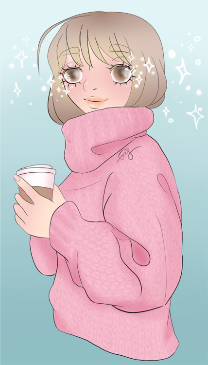 Kanako from The Idolmaster Cinderella Girls dressed in a big pink knitted sweater holding a coffee mug.