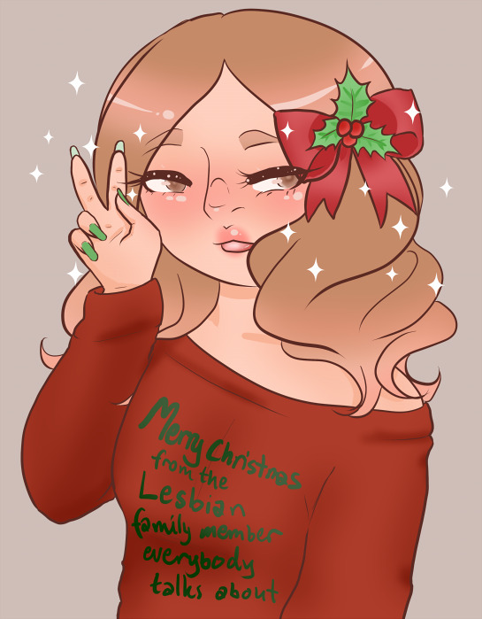 Miki from the movie Girl's Life, sticking her tongue out and flashing a peace sign. She's wearin a red steater with green text that reads Merry Christmas from the lesbian family member everybody talks about.