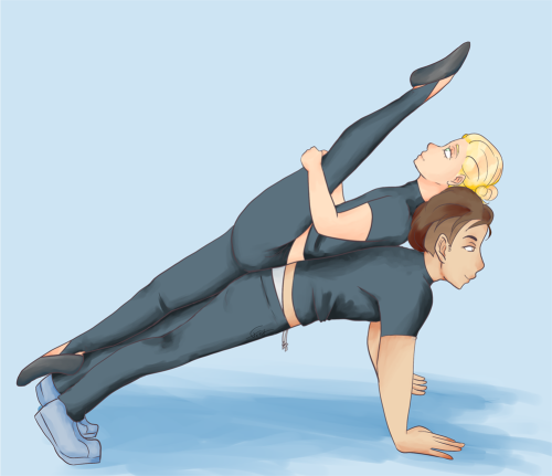 Yuri(o) and Otabek from Yuri on Ice. Yuri is lying on Otabek's back, stretching while Otabek is doing pushups. They're both wearing black workout clothes, though Yuri is wearing ballet shoes and Otabek is wearing sneakers.