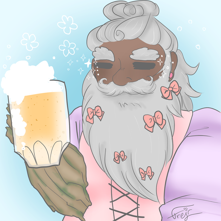 Merle from The Adventure Zone: Balance with bows in his beard, raising a pint of beer.