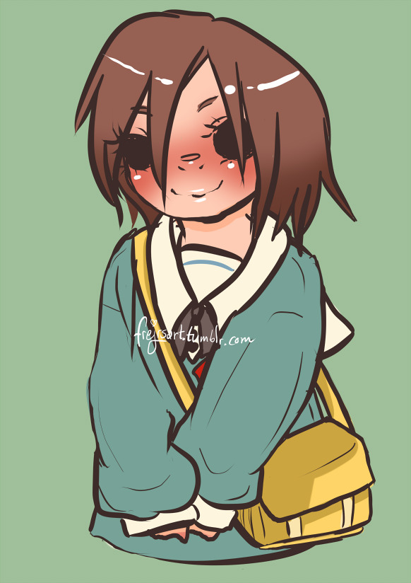 Coloured doodle of Ron from Alive: The Final Evolution wearing a children's school uniform, arms clasped in front of him, looking happy.