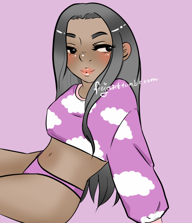 Sara from Yuri on Ice sitting down, wearing a purple cropped sweater with white clouds and purple underwear. She's looking over her shoulder.