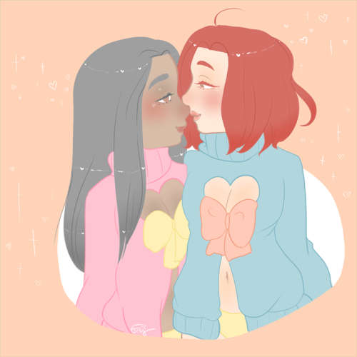 Sara and Mila from Yuri on Ice, noses bumping together. They're both wearing sweaters with heart cutouts that tie together under the bust. Sara's is pink with a yellow bow, Mila's is blue with a peach bow.