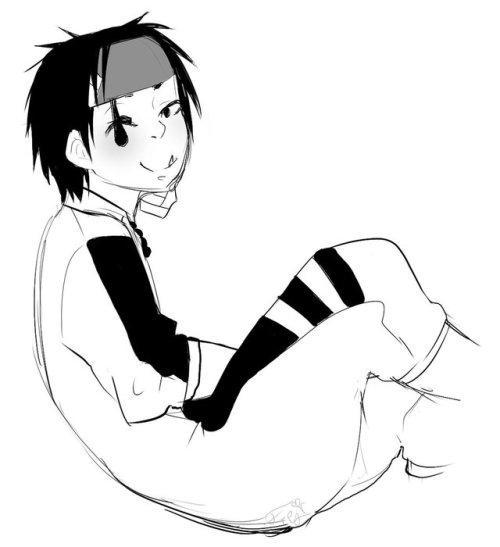 Doodle of Sattsu from Replica, dressed in his uniform, seen from the side, arms in his lap.