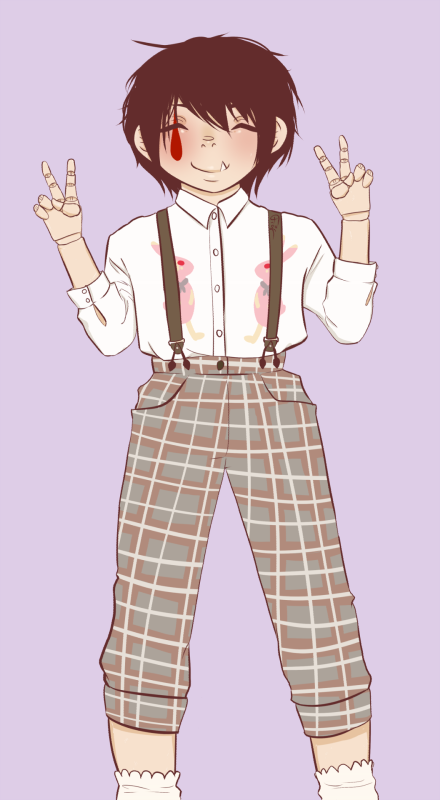 Sattsu from Replica flashing double peace signs, wearing brown tartan trousers with suspenders and a white buttonup shirt with a pink bunny on each side of the front of the shirt.