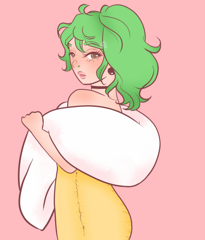 Lottie from Snotgirl with her hair up, wearing a yellow dress and a big boa.