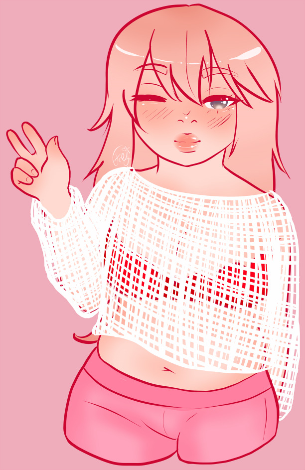 Soleil from Fire Emblem Awakening wearing a fishnet sweater over a red bra and pink sweatpants, winking and flashing a peace sign.