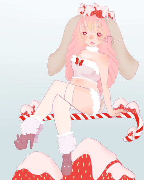 Sonico from Super Sonico flying on a candycane broom. She has bunny ears and tail, strawberries with frosting on her head, a white corset top and white shorts, as well as bunnythemed high heeled shoes. She's flying over giant strawberries with frosting on them.