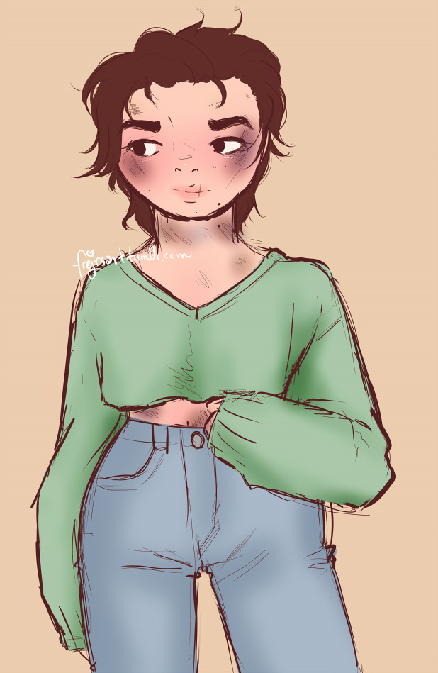 Steve from Stranger Things looking beat up, wearing a light green croptop and jeans. He's thumbing at the hem of the sweater with one hand, the other arm down.