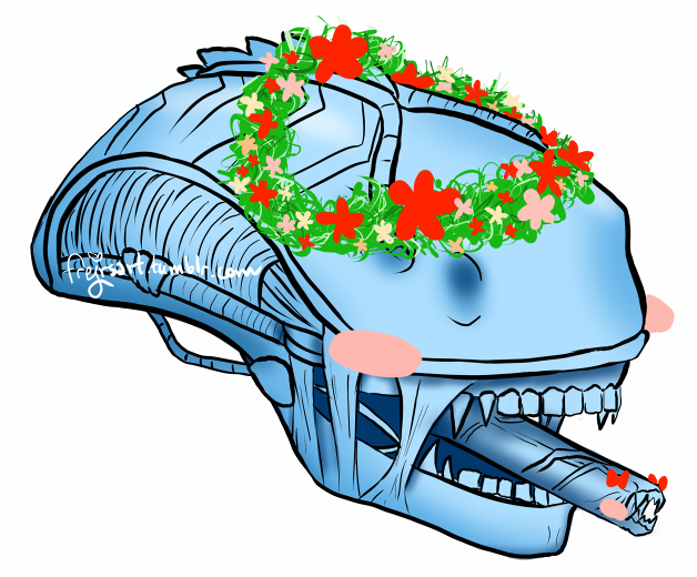 A xenomorph from the Alien franchise with a flowercrown.