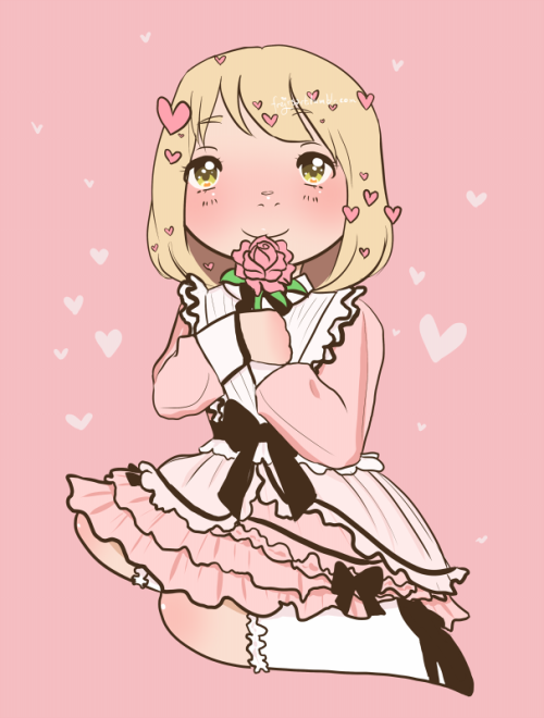 Yamada from Asagao to Kase-san in chibi style, clasping a rose under her chin. She's wearing a pink lolitadress.